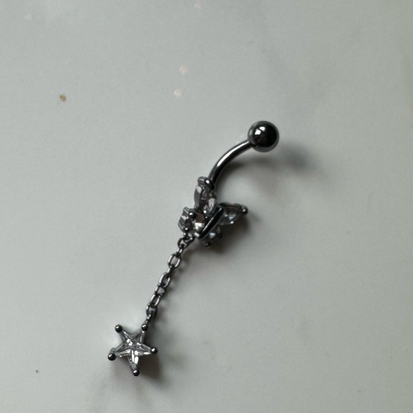 CZ stainless steel butterfly dangle gunmetal belly button ring - Picture 4 of 4